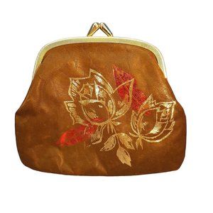 Vintage WEST GERMANY Leather Purse Clutch Coin Red Lips Gold Roses Kiss Lock